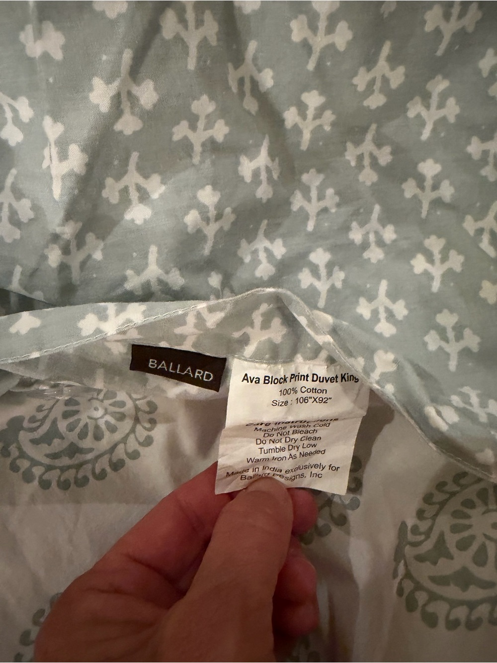 Ballard Designs Ava Block print king duvet cover. Green and white